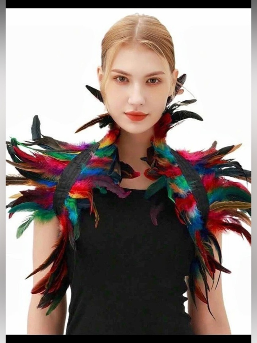 Black & Multicolor Feather Shoulder Top Wrao